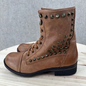 Steve Madden Lady Luck Studded Leather Combat Boots 8-8.5 Lace Up Zip Cap Toe